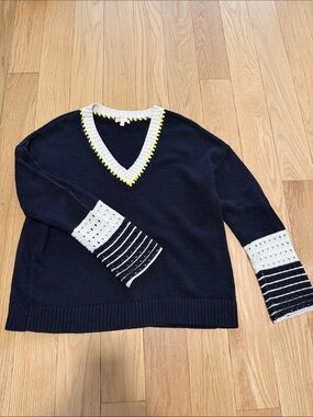 Lisa Todd BlackV-Neck Sweater with White Trim and Yellow Detailing
